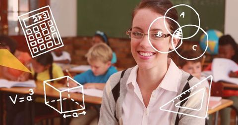 Smiling teacher with math illustrations and children in classroom