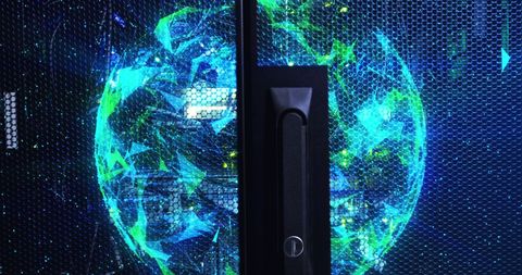 Futuristic digital globe in a server room
