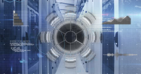 Futuristic Data Processing in Server Room with Digital Interface Elements