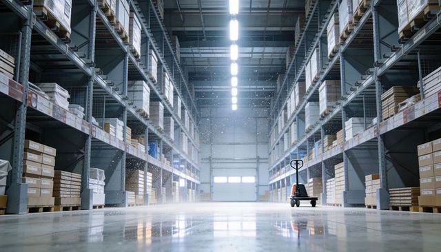 Polished warehouse aisle featuring orange pallet jack, racking and stacked boxes