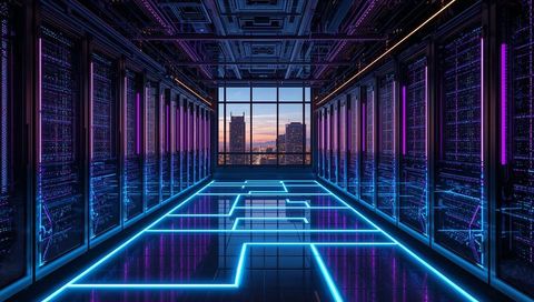 Futuristic Data Center with Neon Circuitry and LED Racks