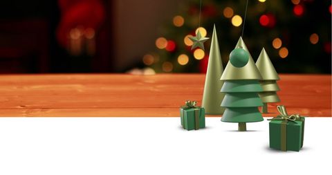 Festive Christmas Tree Decorations and Gifts on Rustic Shelf