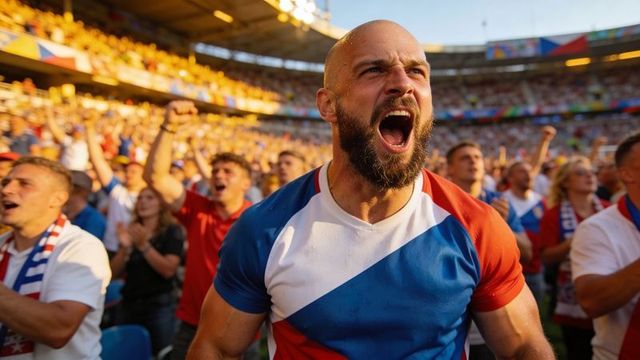 Passionate bald bearded fan shouting in red white blue jersey at packed stadium crowd