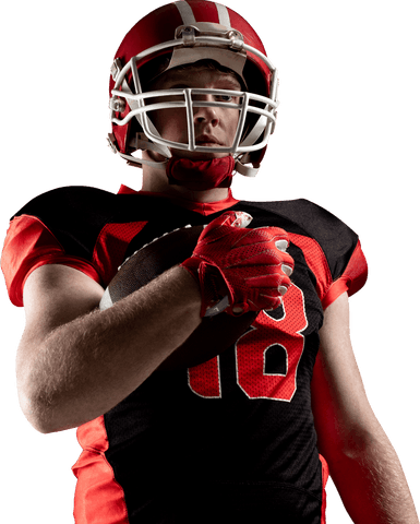 Young american football player holding ball in transparent background