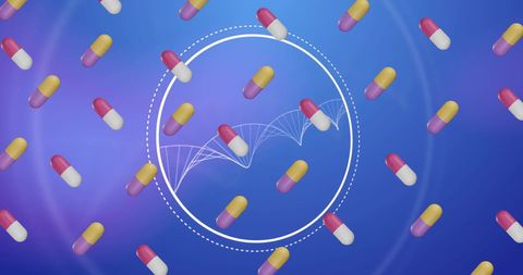 Digital Pill Design with DNA Helix on Blue Background