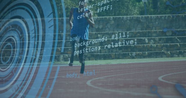 Dual Concept Image with Person Running on Track and Digital Code Overlay - Download Free Stock Images Pikwizard.com