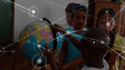 Diverse Students Exploring Globe with Digital Network Overlay