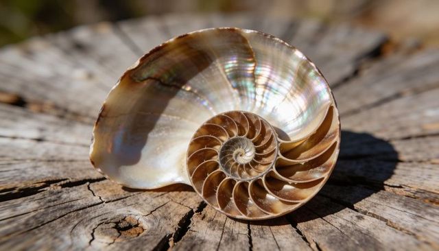 Sunlit nautilus shell revealing iridescent nacre and spiral pattern on weathered wood