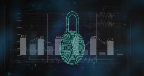 Cybersecurity illustrated by digital fingerprint lock and data charts