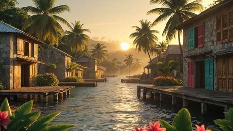 Tropical haiti waterside village under stunning sunset glow
