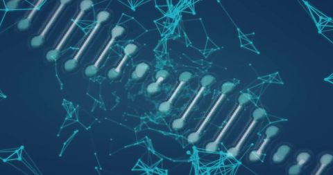 Rotating Molecular Structure with Digital Connections on Blue Background