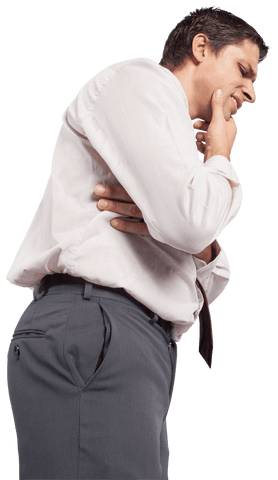 Businessman in Pain Holding Stomach on Transparent Background