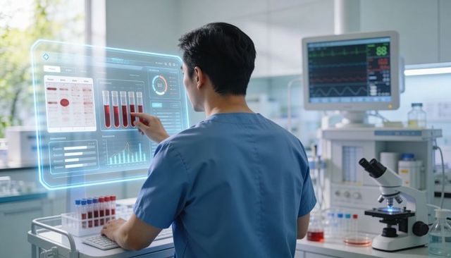 Lab technician analyzing blood samples using holographic diagnostic interface