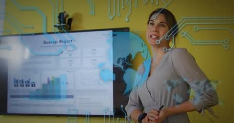 Female Business Presenter Explaining Data Trends with Tech Overlay