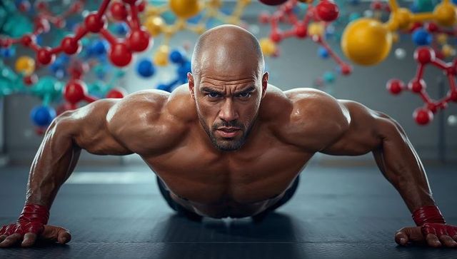 Pushup in high-tech fitness environment with molecular models
