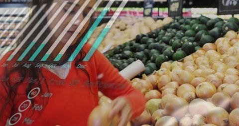 Woman Choosing Onions with Data Overlay in Supermarket