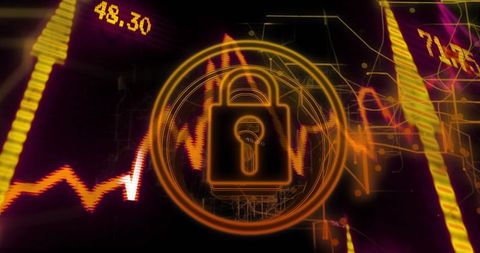 Neon padlock securing real-time data feed with hud rings and glowing market graphs