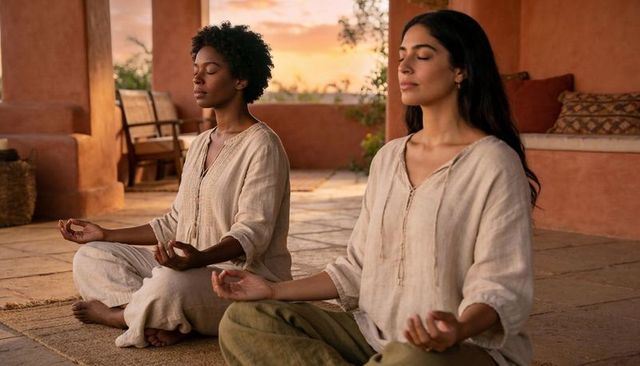 Meditating women on terracotta patio at sunset during wellness retreat, serene mindfulness practice