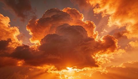 Towering cumulonimbus at sunset with golden backlight and dramatic crepuscular rays