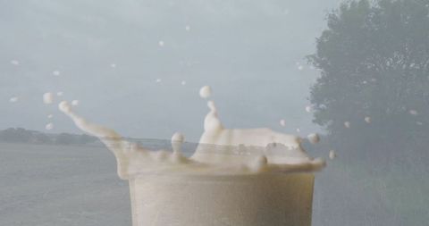 Creamy splash over serene lakeside amid cloudy skies