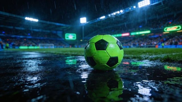 Neon green soccer ball reflecting in puddles on rain-soaked stadium pitch at night