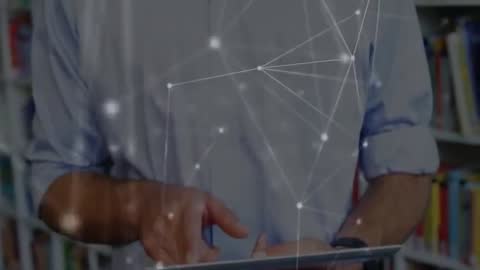 Mid Adult Man Tapping Tablet with Data Network Visualization