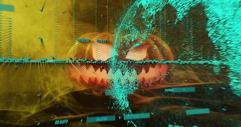 Glowing jack-o'-lantern fragmenting under cyan particle burst with holographic hud overlays