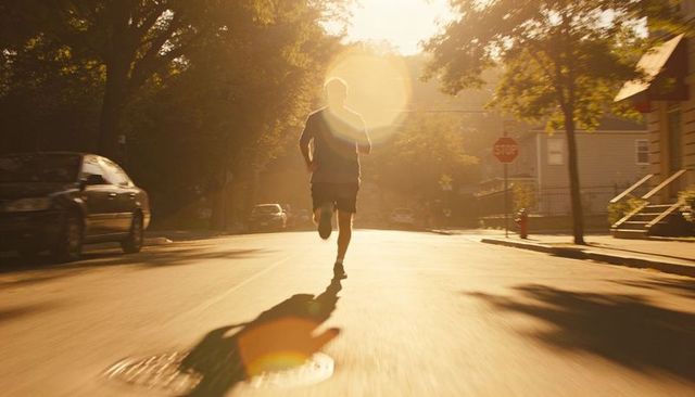 Sprinting runner backlit by golden hour sun on quiet suburban residential street