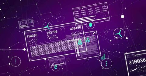 Futuristic Keyboard Interface With Data on Purple Grid Background