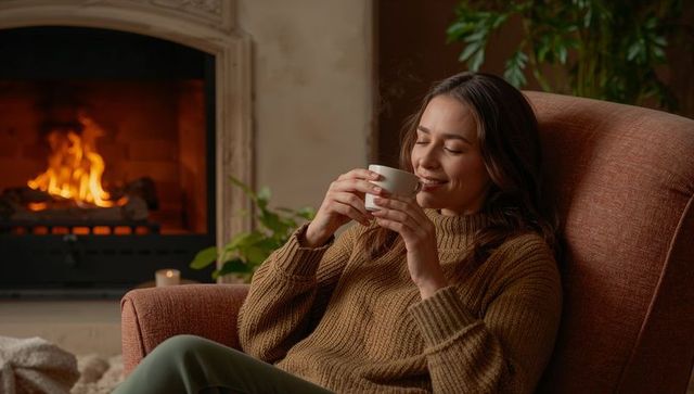 Woman savoring hot drink by fireplace wearing chunky sweater in cozy living room