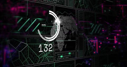Futuristic HUD Geospatial Dashboard Showing Africa India Map with Neon Cyberpunk Telemetry