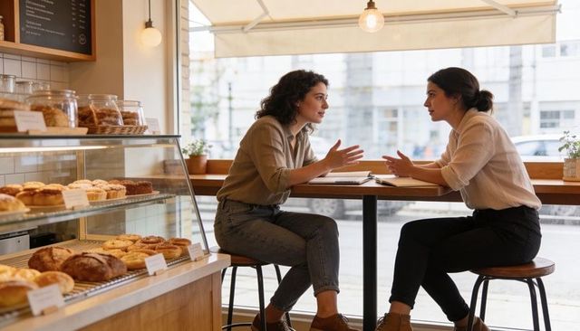 Women discussing business notes at bakery cafe window with pastry display and street view