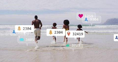Family running into surf with social media overlays, summer beach lifestyle engagement