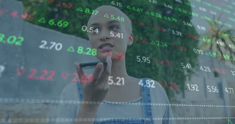 Woman Analyzing Trend Data on Smartphone with Financial Overlays