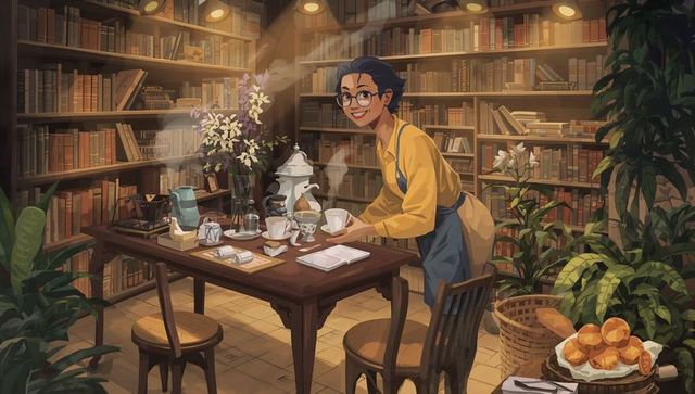 Smiling owner pouring tea at cozy bookstore café table with pastries and greenery