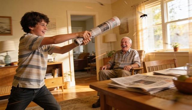 Grandson swatting wasp with rolled newspaper as grandfather laughing in sunlit living room