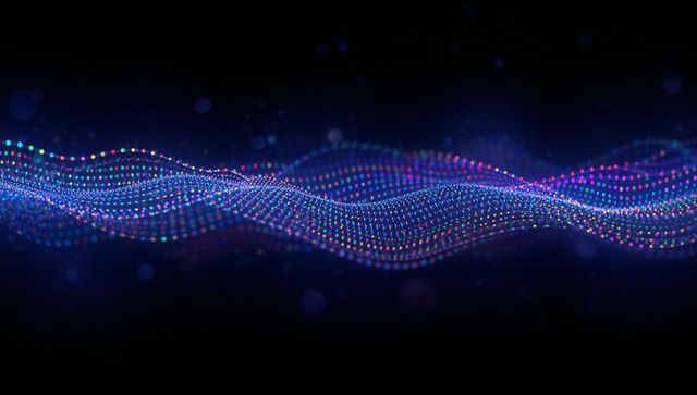 Flowing neon particle waveform ribbon surging across dark digital void for tech design