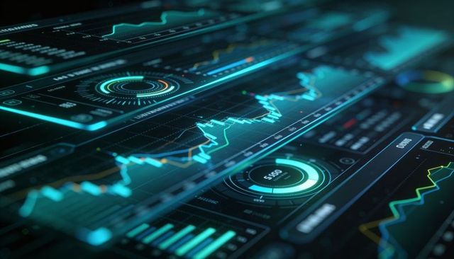 Futuristic Teal Dashboard UI Displaying Interactive Line Charts, Gauges, Analytics Panels