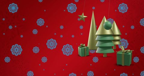 Festive Golden Christmas Trees on Red Background