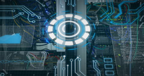 Depicts a futuristic interface scanning data on servers with intertwined cables and blinking lights. Ideal for illustrating concepts related to network security, data management, or advanced computing technologies. Great for articles on IT infrastructure and digital transformation.