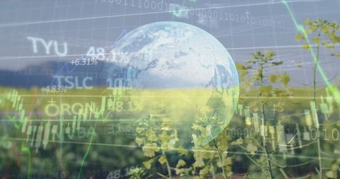 This visual shows a globe superimposed with data charts, set against an agricultural field backdrop. It reflects the intersection of global business and environmental considerations. Excellent for use in materials discussing sustainability, investment strategies, technology impact in agriculture, or growth trends in the economy. Ideal for presentations on global financial outlooks and environmental policies.
