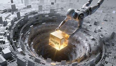 Humanoid robot reaching into deep data core grasping glowing golden insight cube