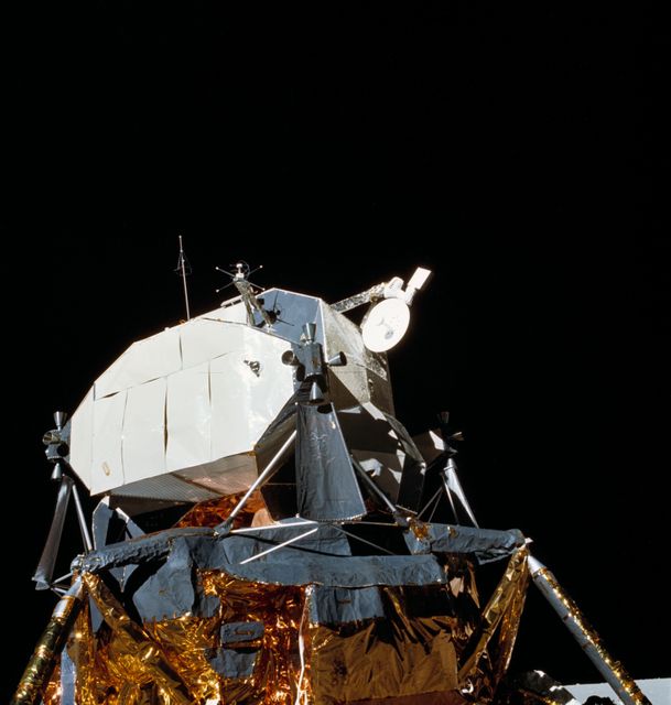 AS16-113-18334 (21 April 1972) --- View of the Lunar Module (LM) "Orion" parked on the lunar surface. During their post mission press conference, the Apollo 16 crewmembers called attention to the steerable S-band antenna, which was "frozen" in a yaw axis during much of the flight. This view of the LM was photographed by astronaut Charles M. Duke Jr., the lunar module pilot, during the mission's first extravehicular activity (EVA). Astronauts John W. Young, commander, and Duke had earlier descended in the LM to explore the Descartes region of the moon, while astronaut Thomas K. Mattingly II, command module pilot, remained with the Command and Service Modules (CSM) "Casper" in lunar orbit.
