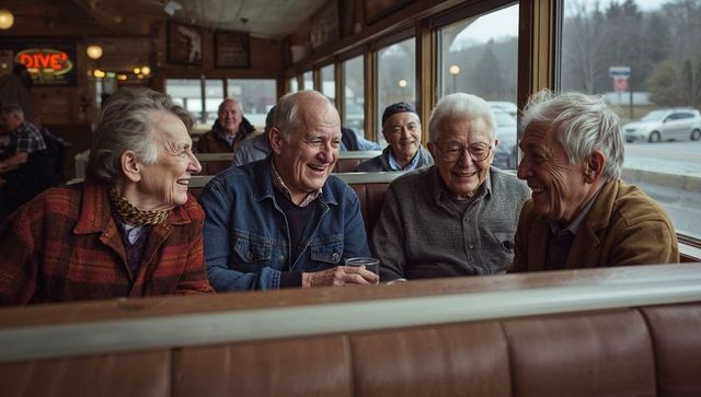 Seniors laughing and chatting in cozy diner booth sharing drinks and warm companionship