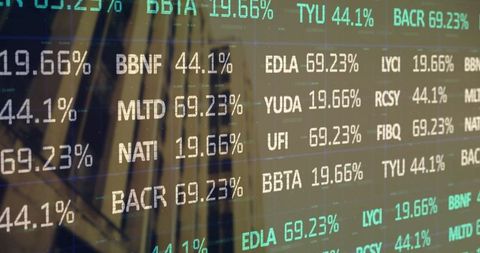 Digital Stock Tickers Display on Glass Facade in Financial District