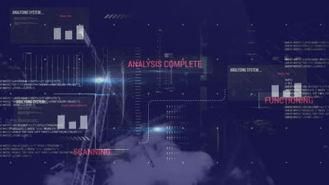 This visual features a digital interface with animations of data processing and analysis, showing graphs and scanning text on a navy background. It suggests concepts of technology, data management, financial analysis, and business strategy. Perfect for illustrating speeches about digital transformation, enhancing presentations, or adding an edge to financial technology videos.