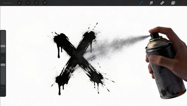 Hand spraying black paint x on digital canvas with tablet ui, aerosol mist and drips