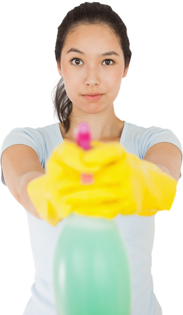 Single brunette woman in gloves holding spray bottle focused on cleaning on transparent background - Download Free Stock Videos Pikwizard.com