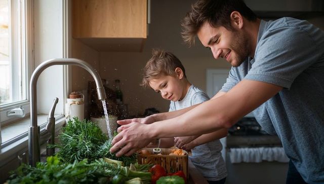 Father teaching son while washing fresh herbs at sunny kitchen sink, family bonding