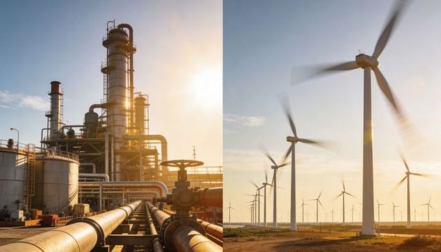 Contrasting refinery pipelines and wind turbines at golden hour showing energy transition